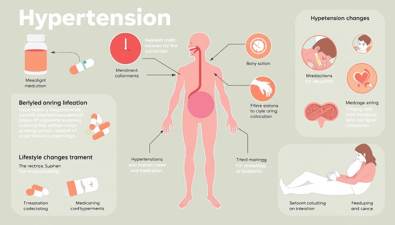 Ilustración de varios métodos para tratar la hipertensión, incluyendo medicamentos y cambios en el estilo de vida