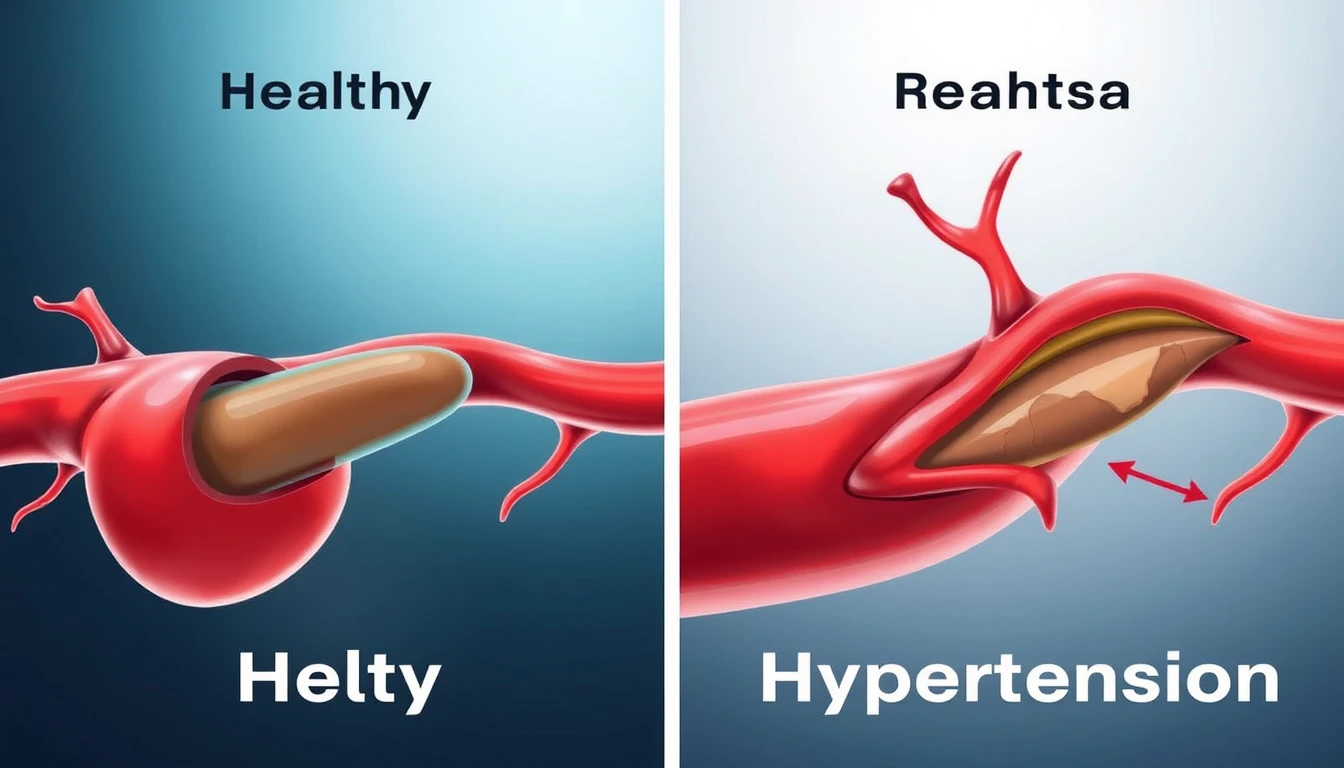 Ilustración comparativa de una arteria saludable y una arteria con hipertensión